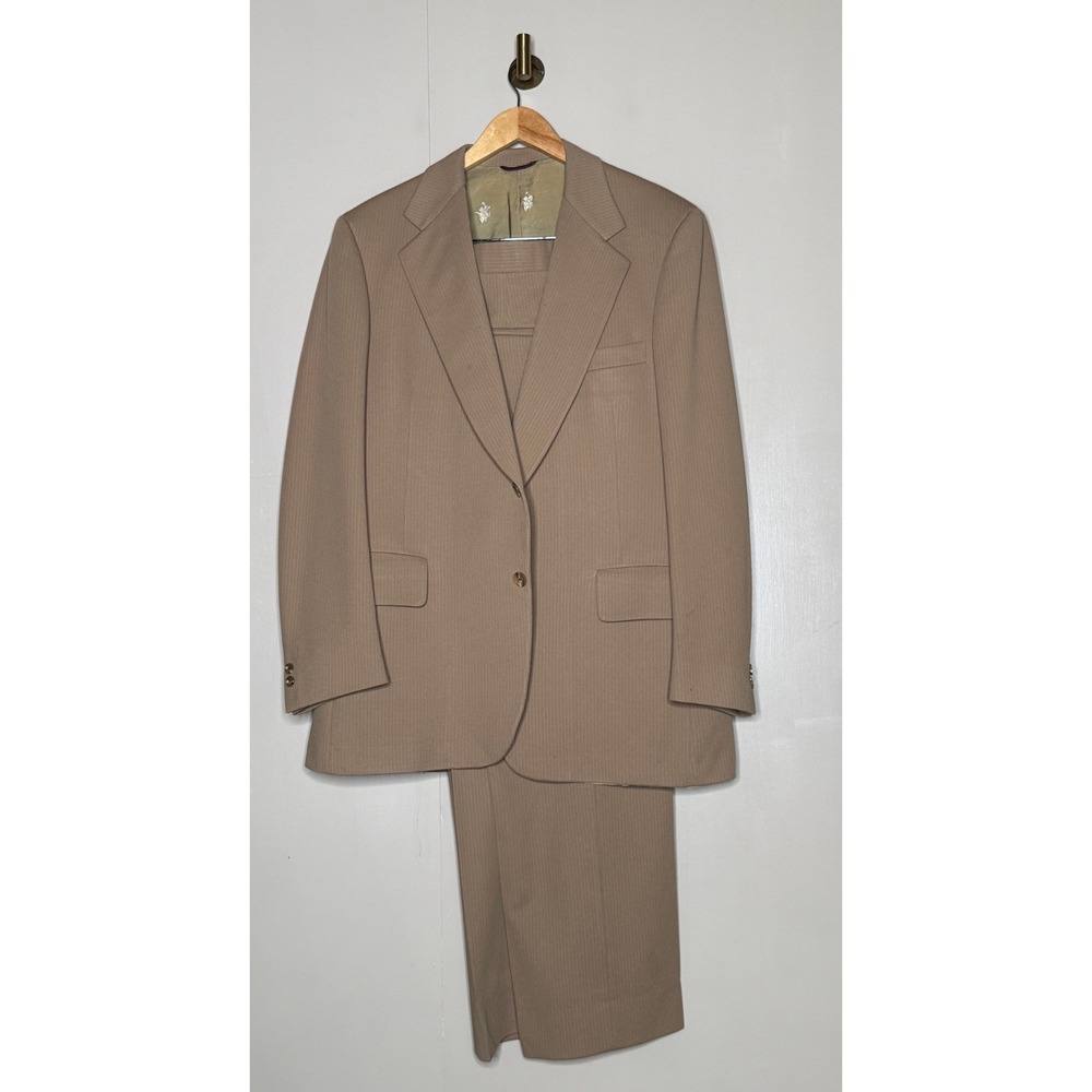 Vintage Hart Schaffner Marx Taupe Stripe Suit ASTRA Knits 38x30 USA